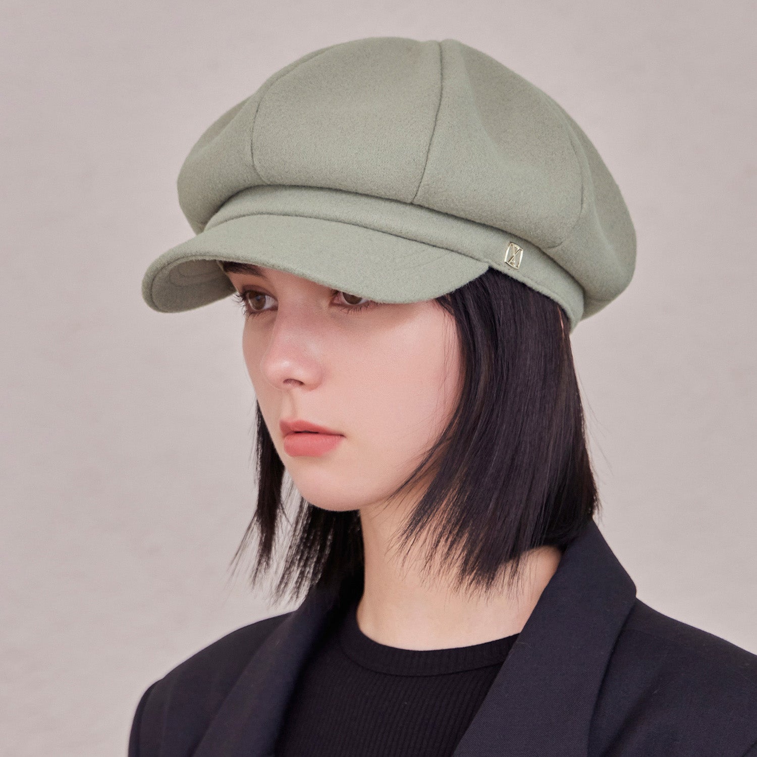 VA Square Stud Wool Newsboy Cap / Green