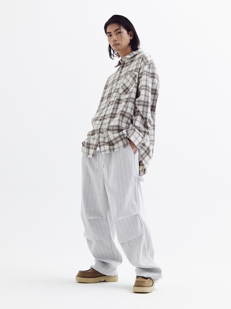 Stripe parachute denim Pants White