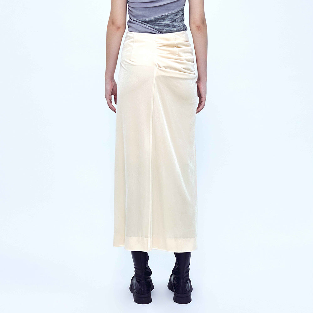 Velvet Draped Slit Long Skirt _ Cream