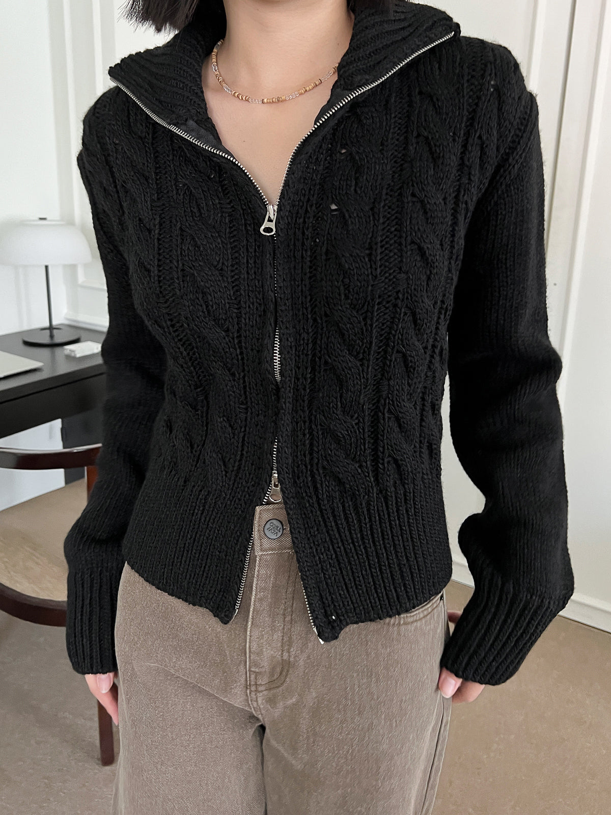 Cable high neck knit zip-up (3color)