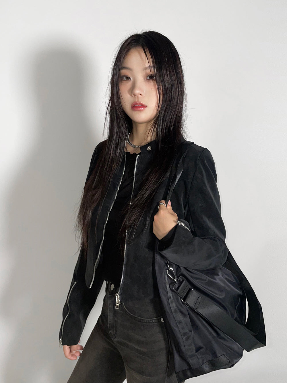 Suede biker crop jacket (Black)