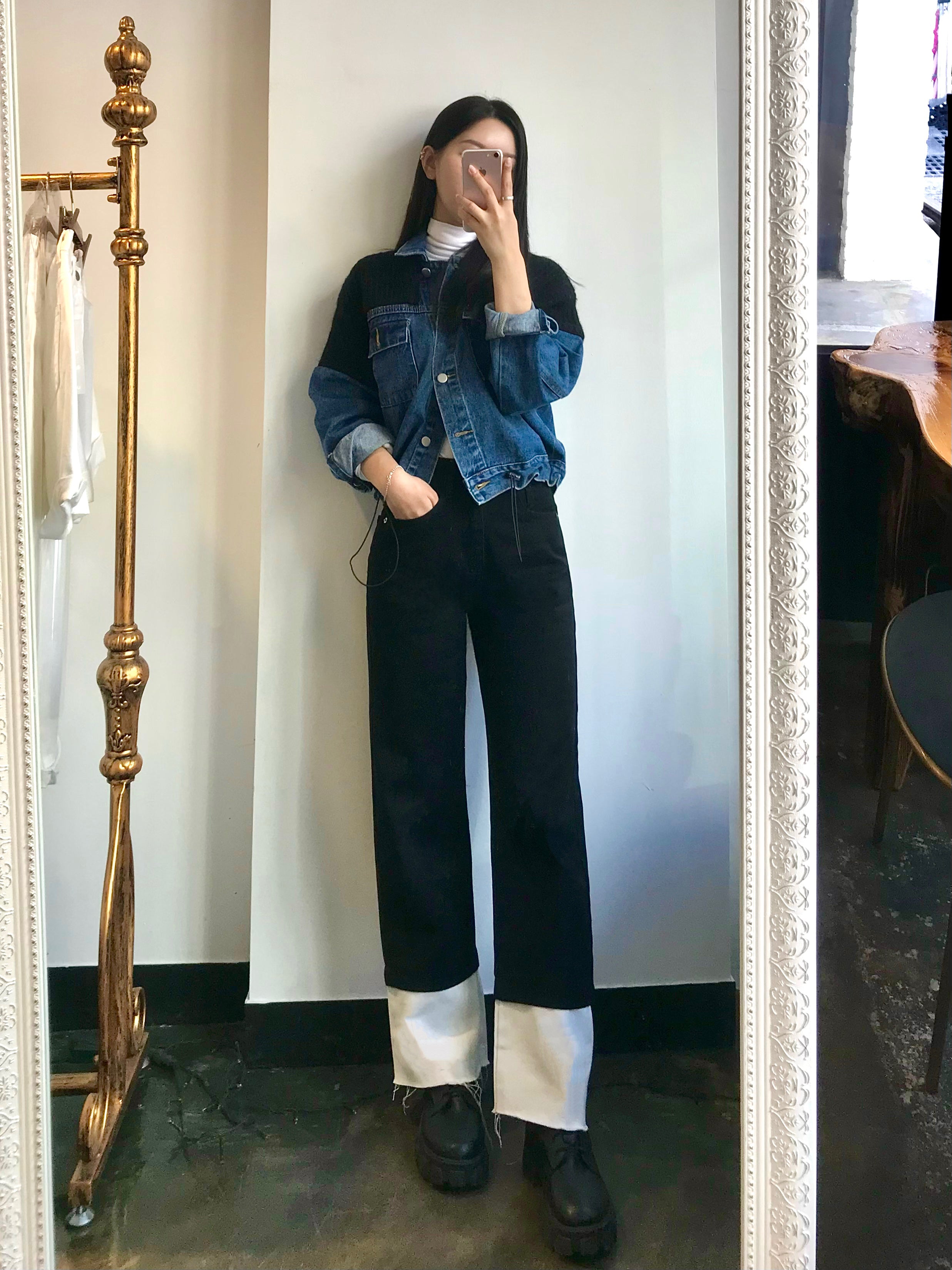 SEMI WIDE FIT BLACK+WHITE DENIM PANTS [17723]