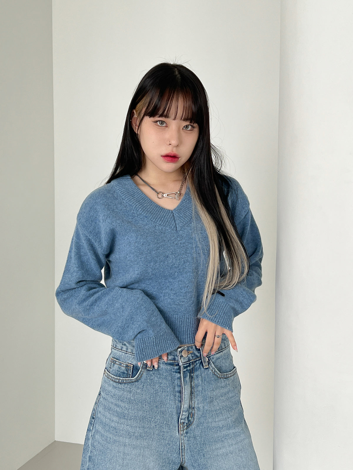 Wool V-neck Crop Knit (10color)