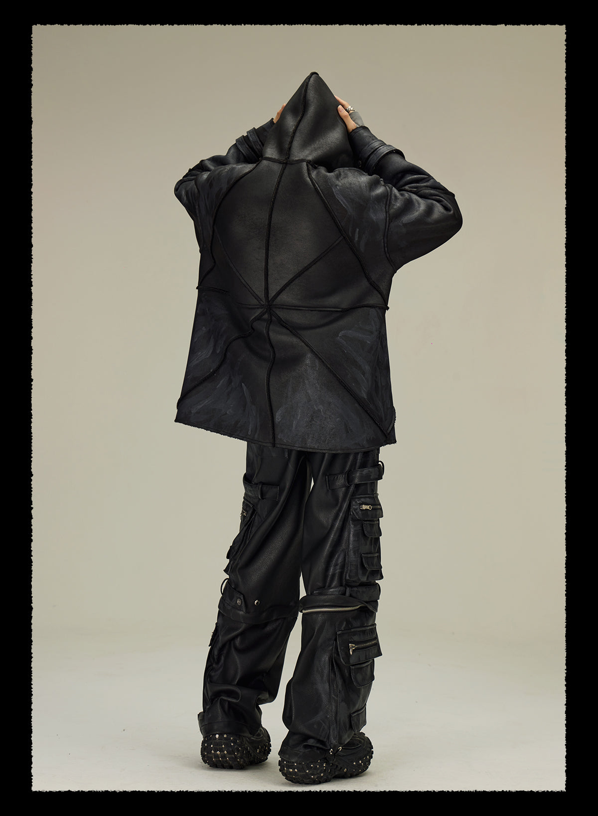  detachable multi-pocket cargo grained mud-dyed leather pants