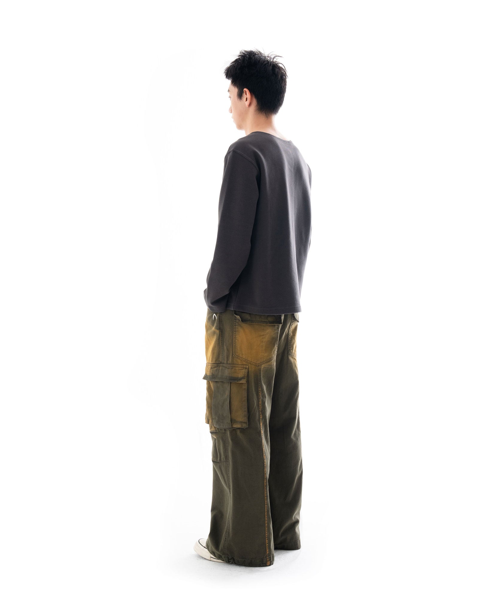 Knee Pin-tuck Wide Cargo Pants (Washed Khaki)