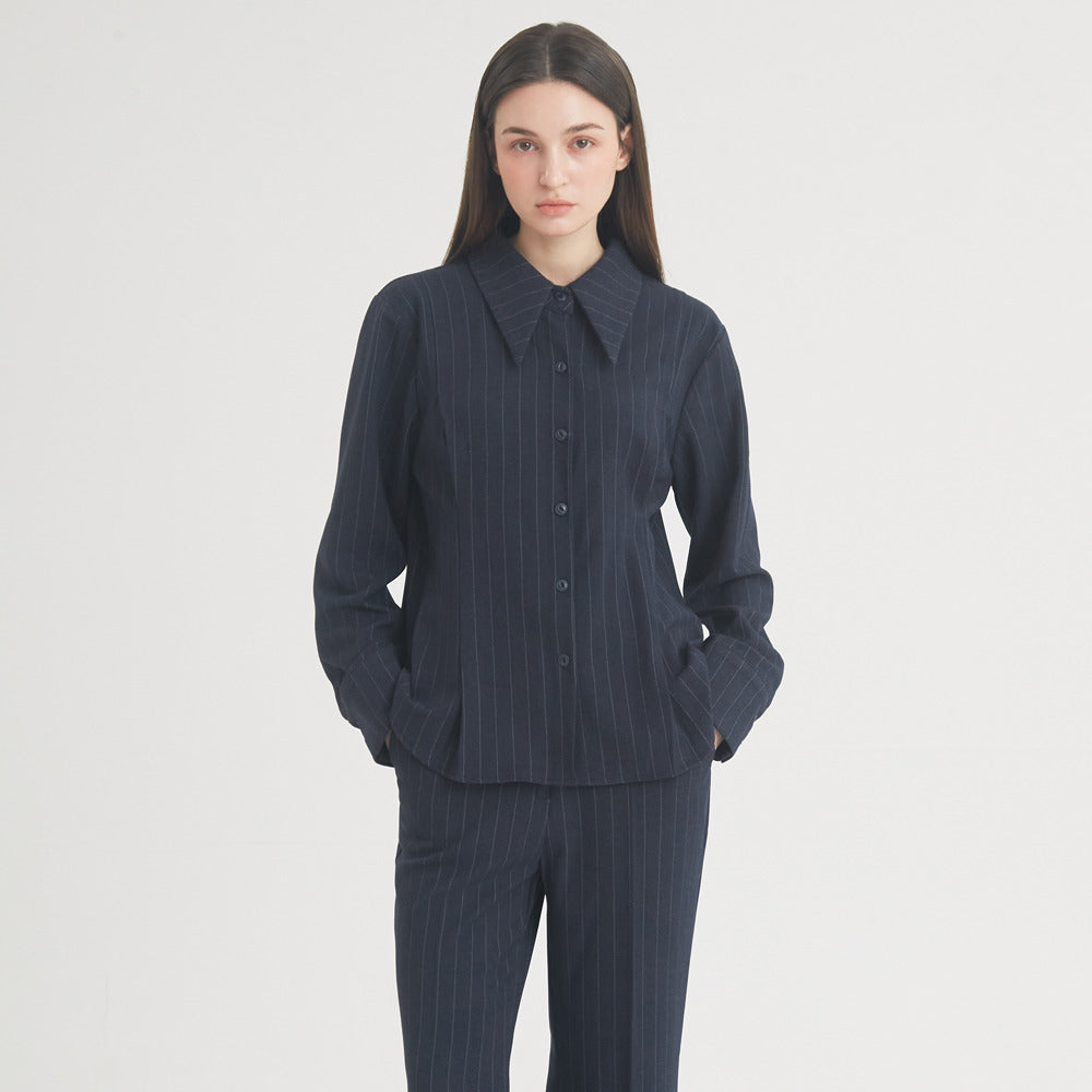 Wool Stripe Pintuck Shirt (Navy)