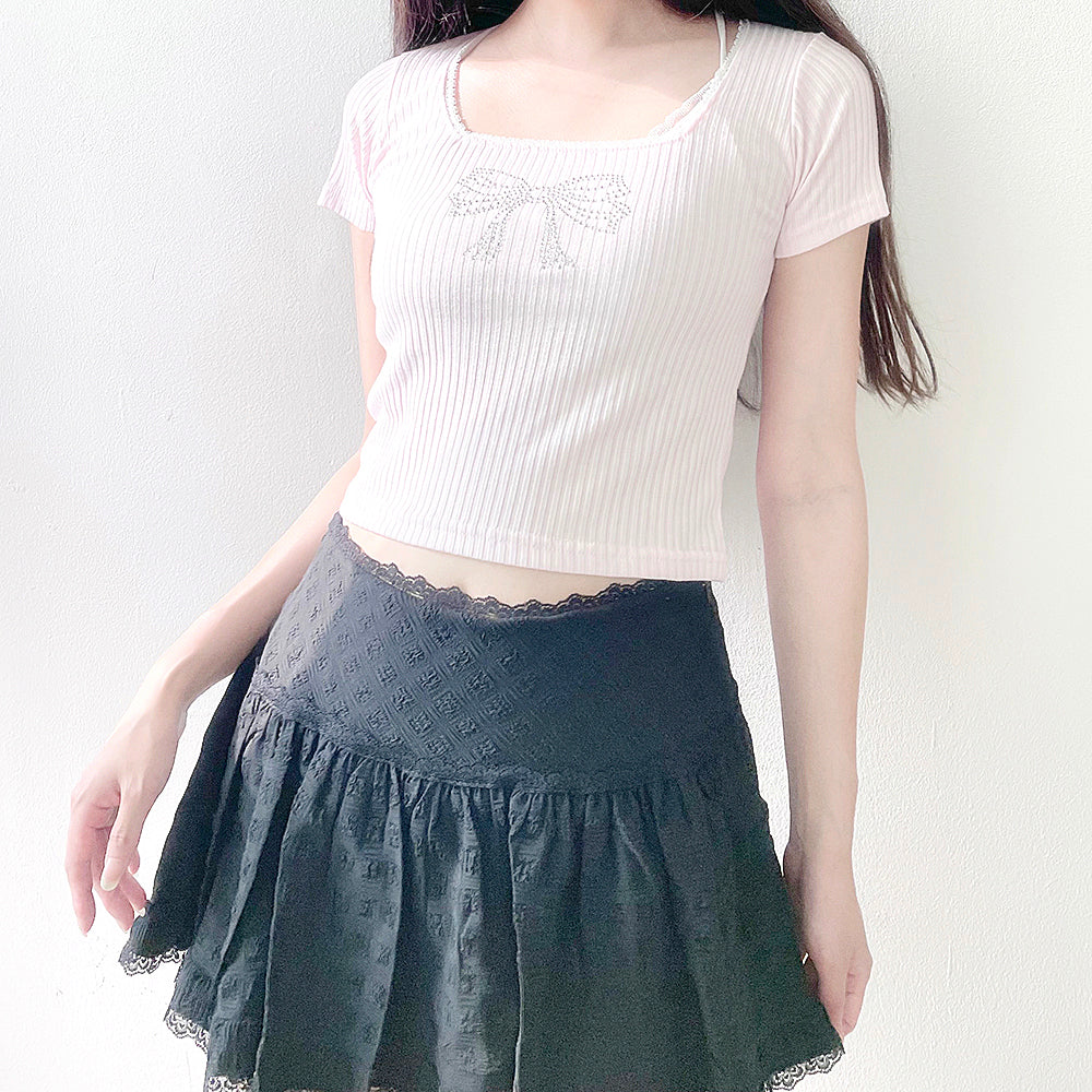 Shine Ribbon Cubic Lace T-Shirt (Baby Pink)