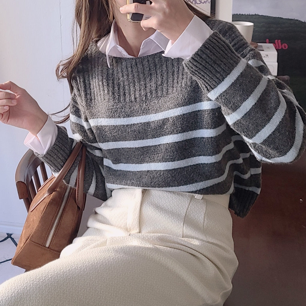 ENE Boat Neck Stripe Knit Top