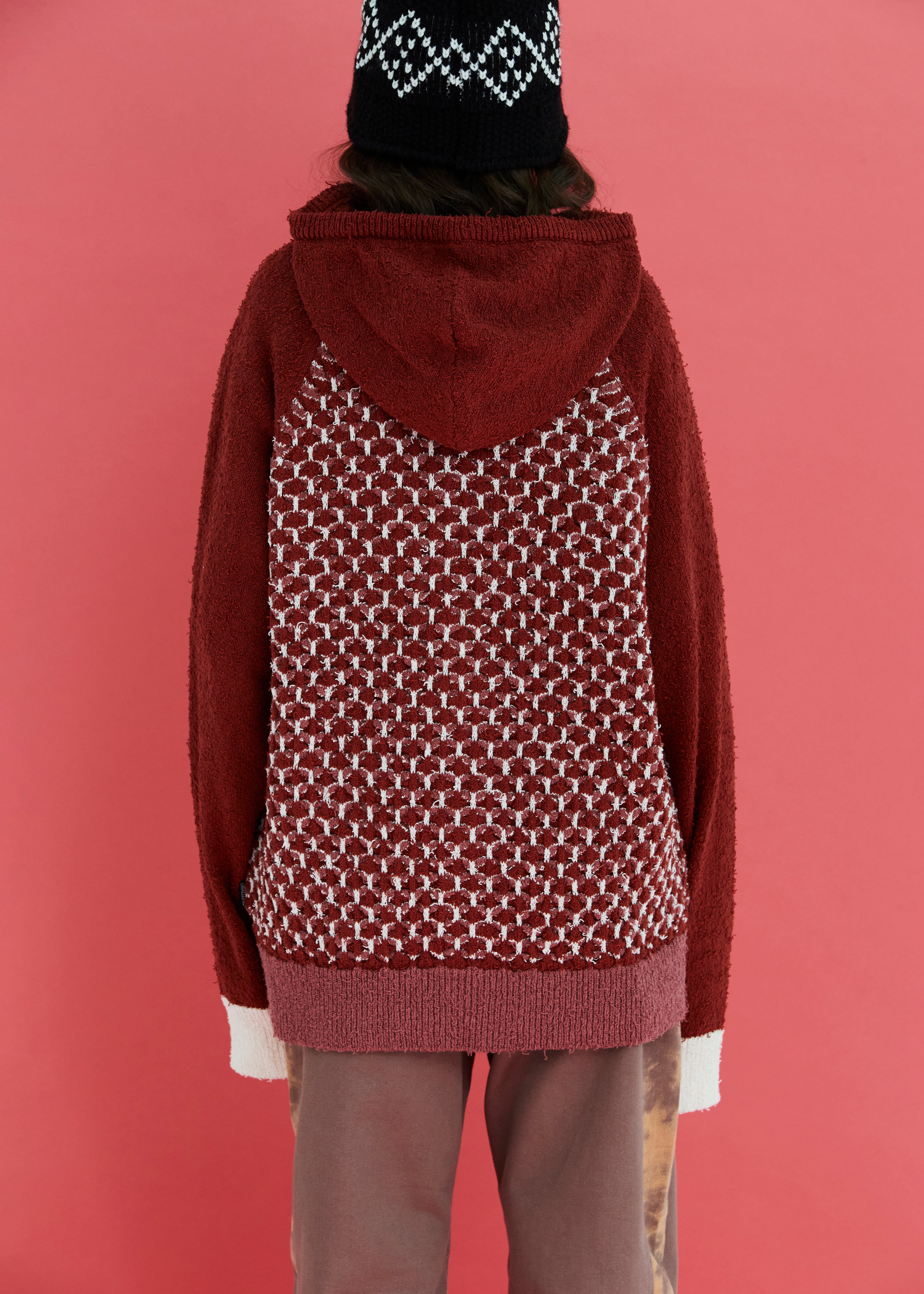 EMBOSSING CLOVER KNIT ZIP-UP HOODIE / RED