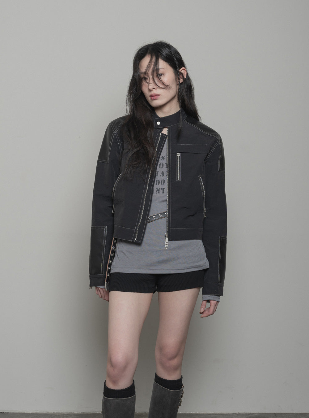 leather patch biker jacket(woman)