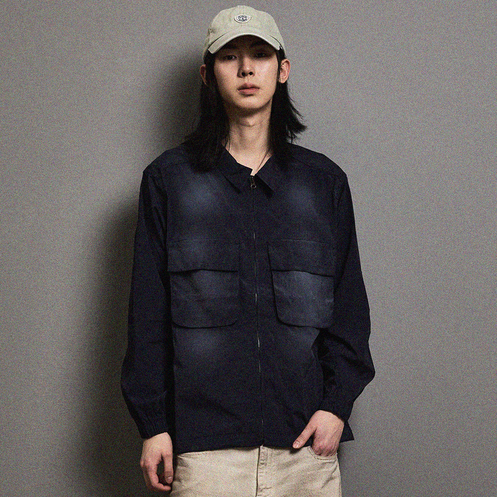 Vintage washed 3d pocket collar zip up (Navy)