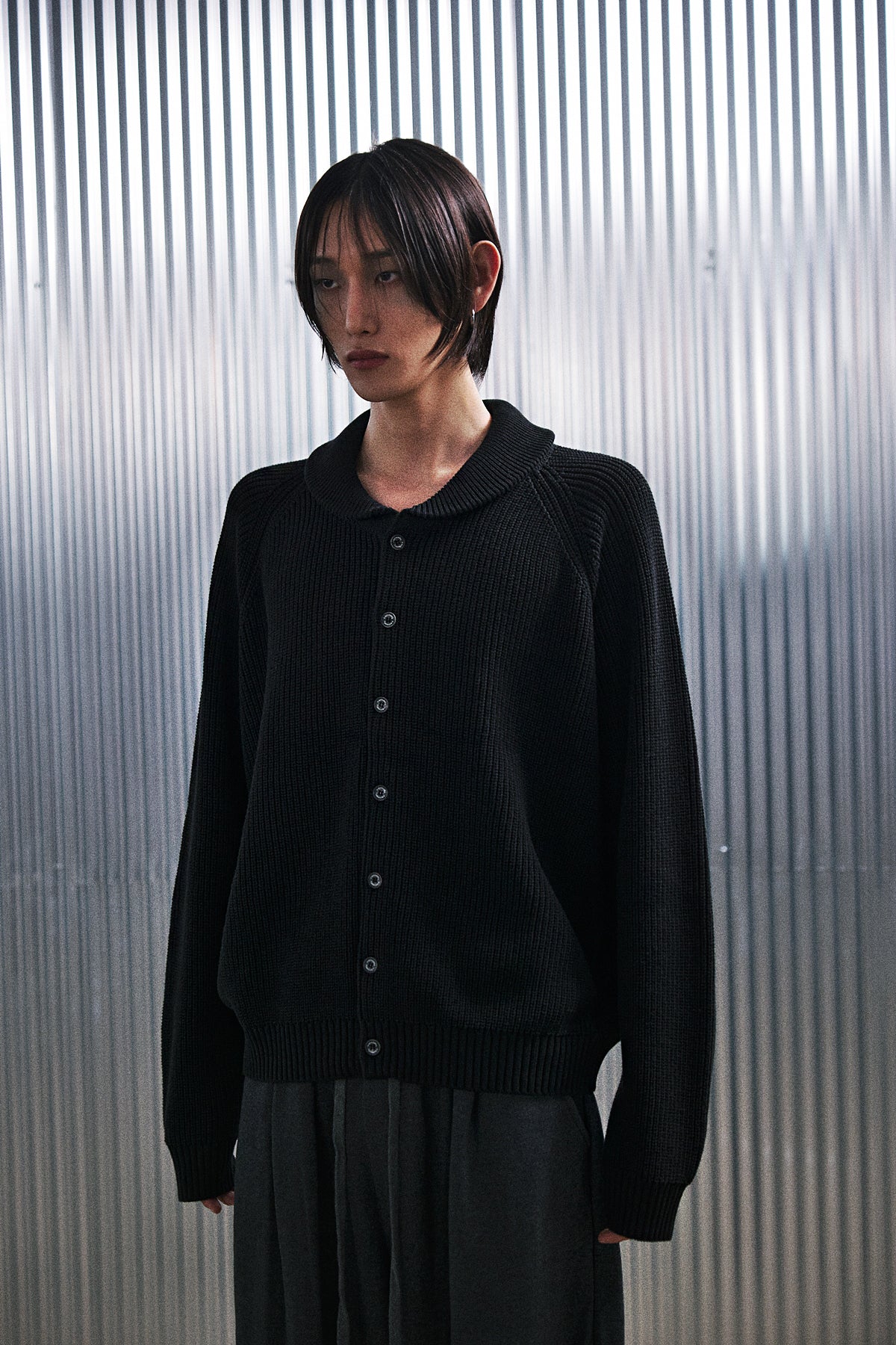 ROUND-COLLAR 7G KNIT CARDIGAN (Black)