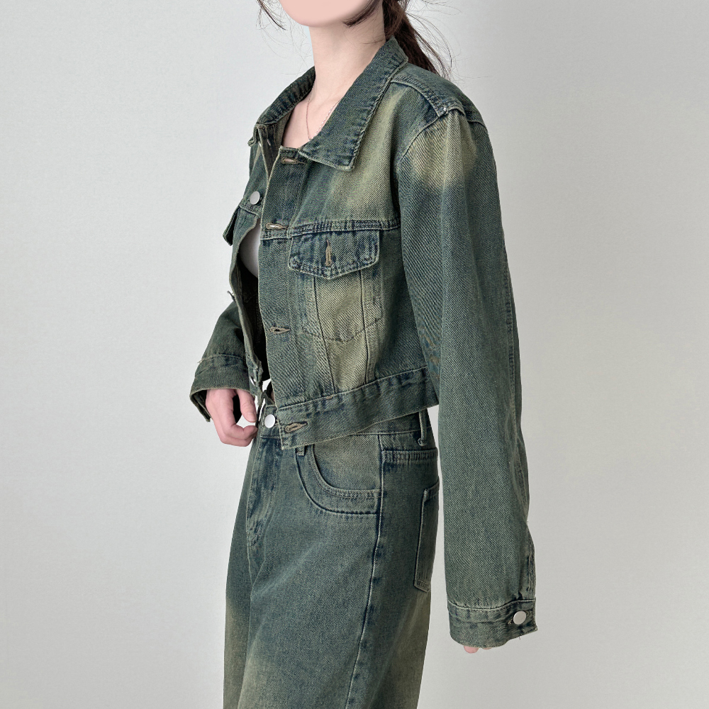 (SET) Washed Denim Crop Jacket Wide Pants Two Piece