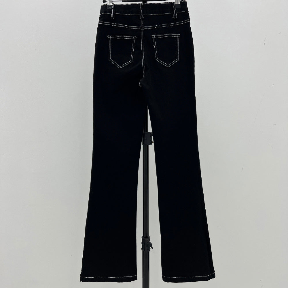 Stitch denim boots-cut pants (Black)