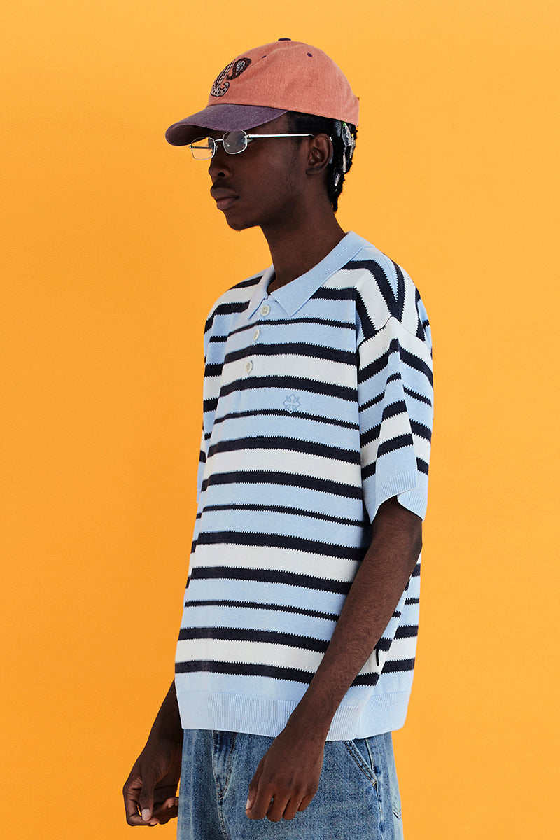 STRIPE KNIT POLO SHIRT / SKY BLUE