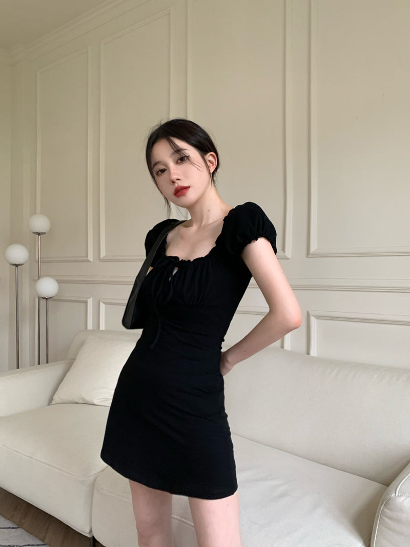 Black bustier mini shirring dress