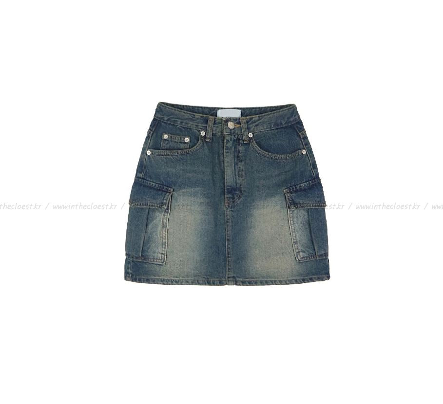 Washed Blue Cargo Denim Mini Skirt