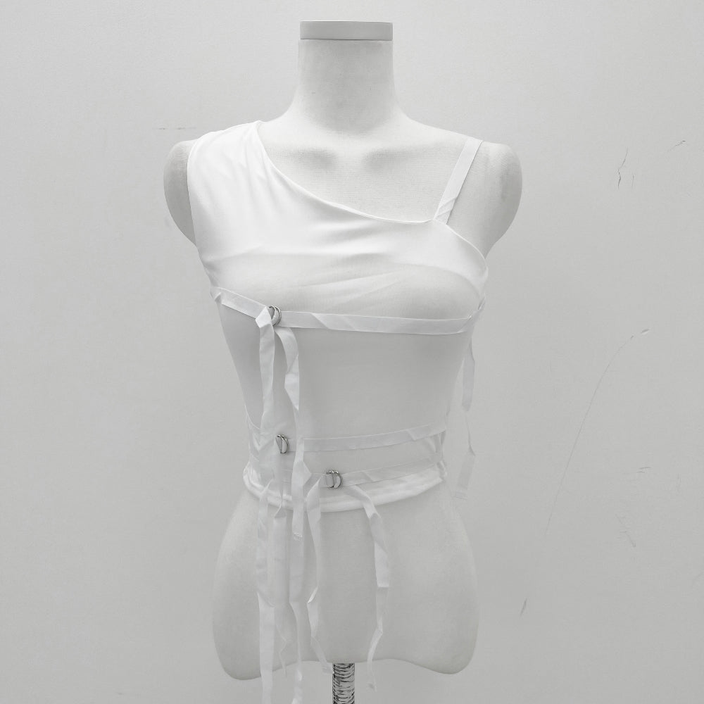 Unbalance mesh strap sleeve-less (White)