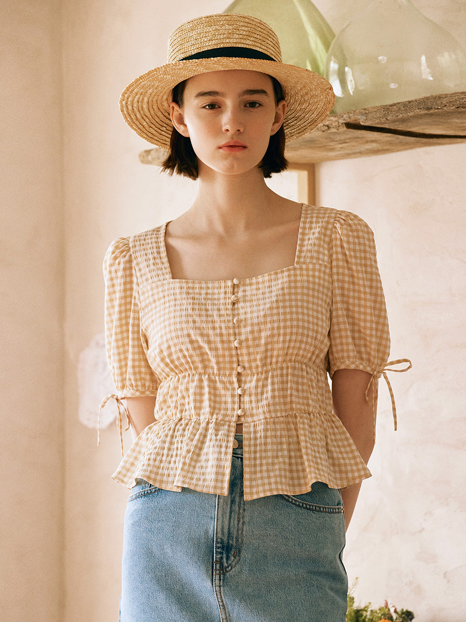 SQUARE NECK CHECK BLOUSE BEIGE