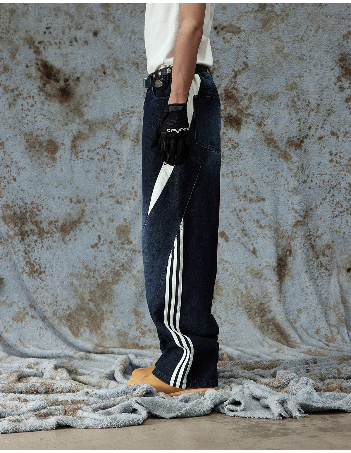 versatile deconstructed washed leather striped jeans