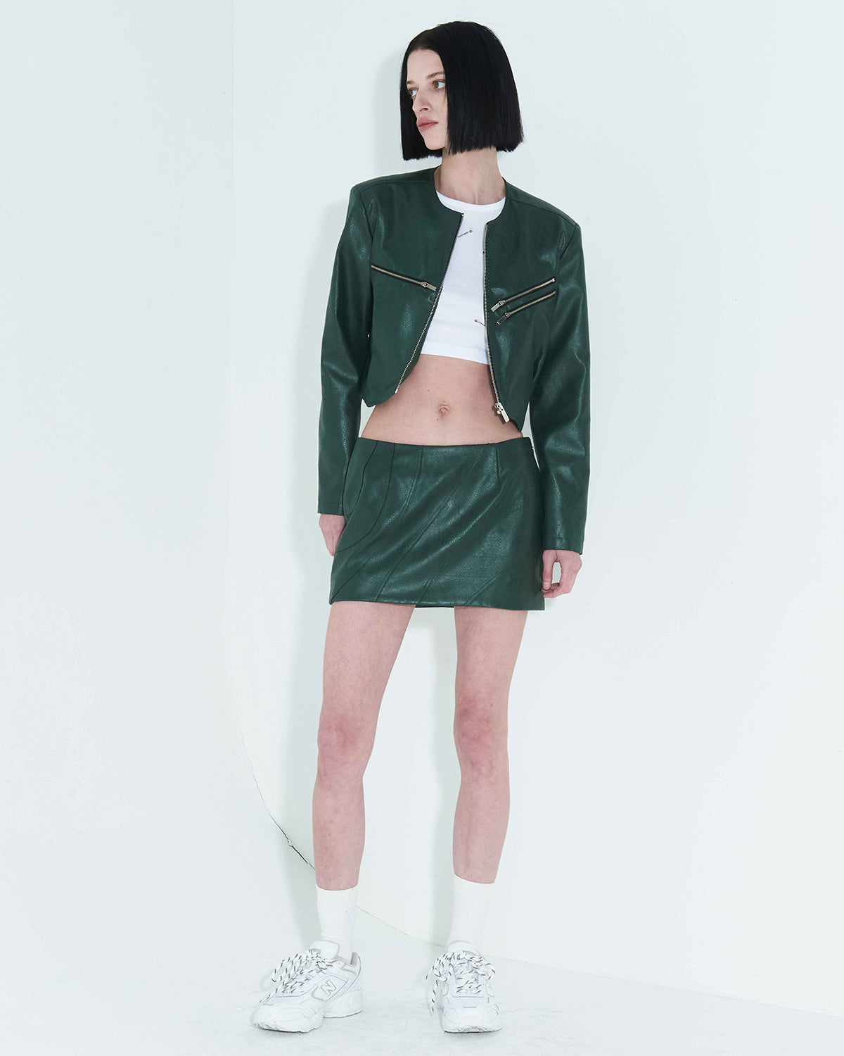 Faux-Leather Cropped Zip-Up Jacket _ Green