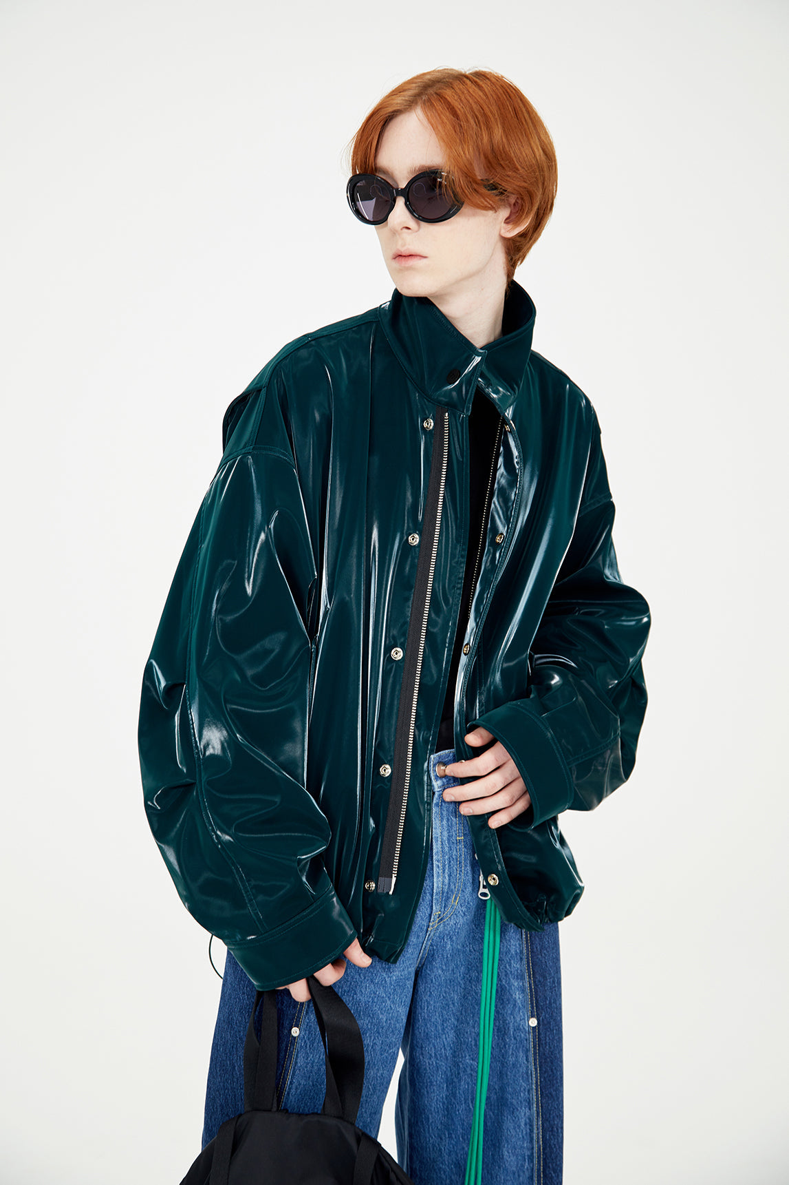 Glossy overfit  jacket (Steal Green)