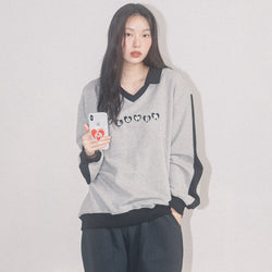 FLOWER COLLAR BLOCK V-NECK SWEATSHIRT(GREY)