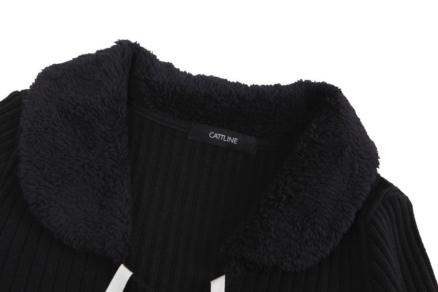 fur collar knit t-shirt black