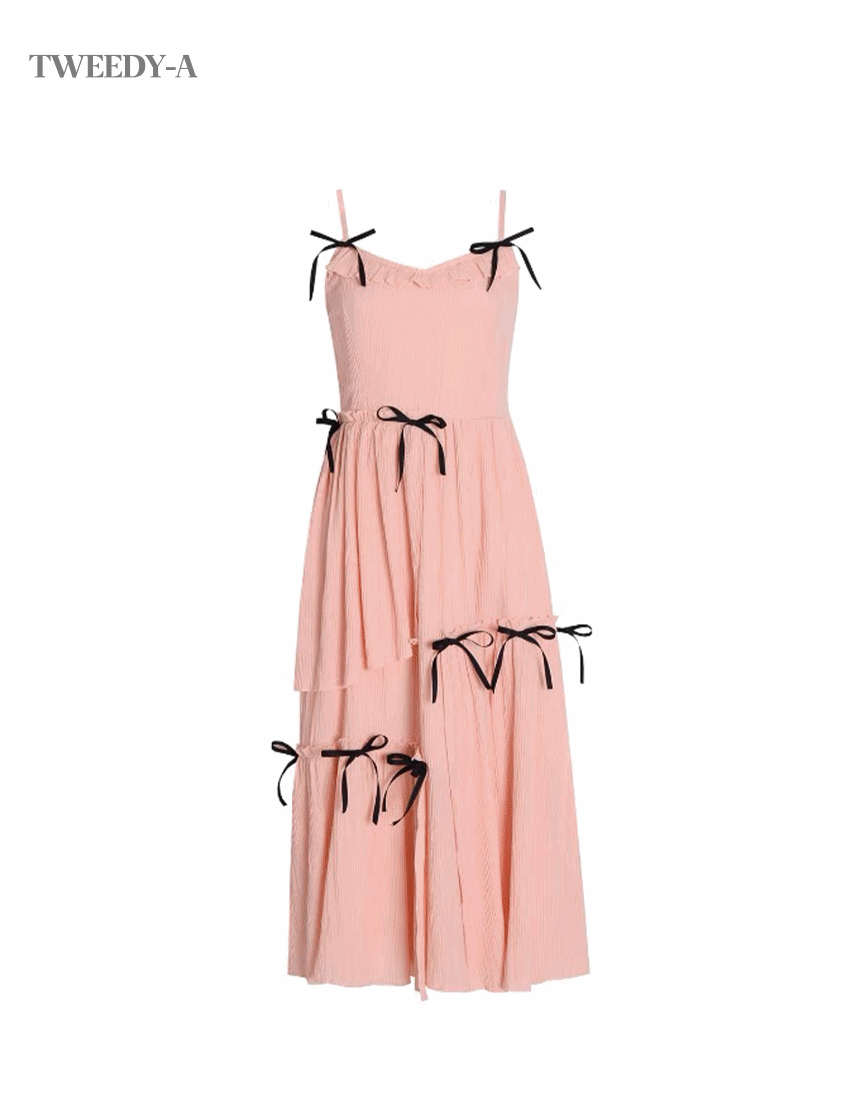 Raffine Ribbon Detail Long Dress Cardigan Set Pink