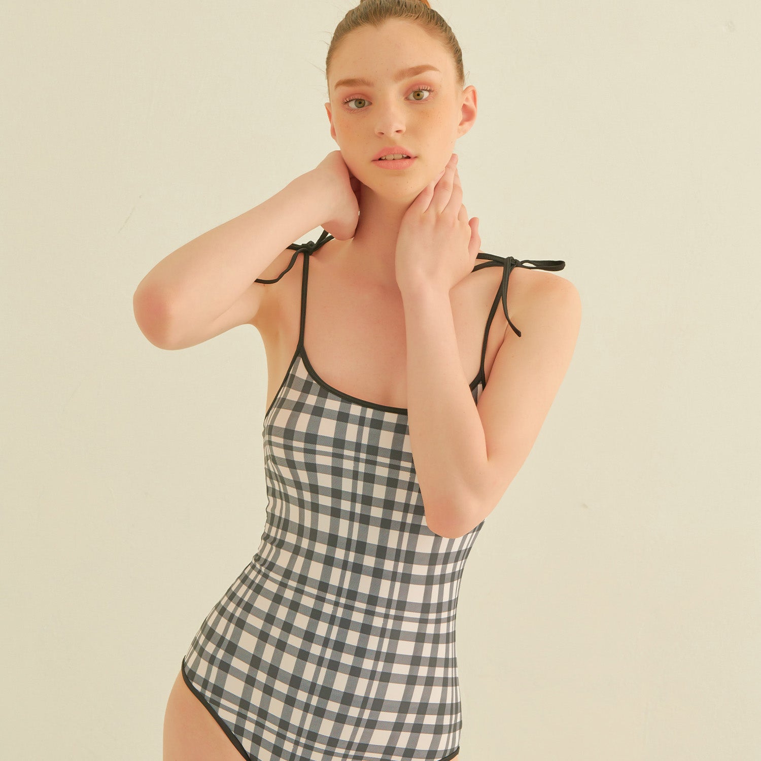 Black Check Ribbon Binding Monokini