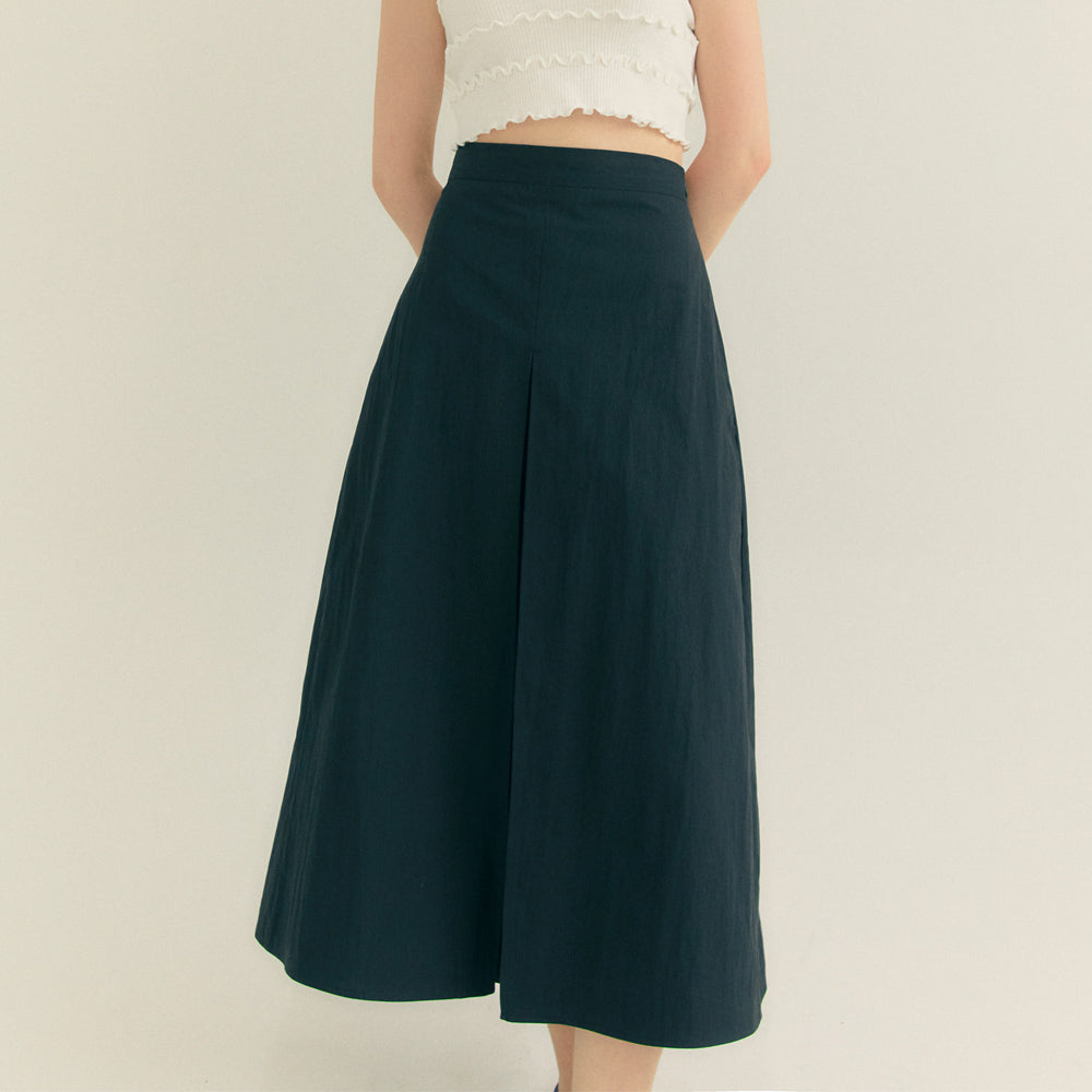 Cotton Pleats A-Line Long Skirt (Black)