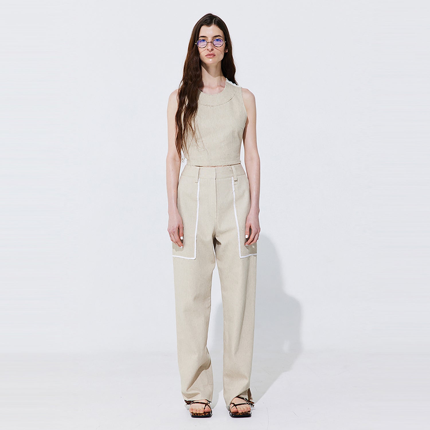 Color-Block Point linen Trousers_Beige