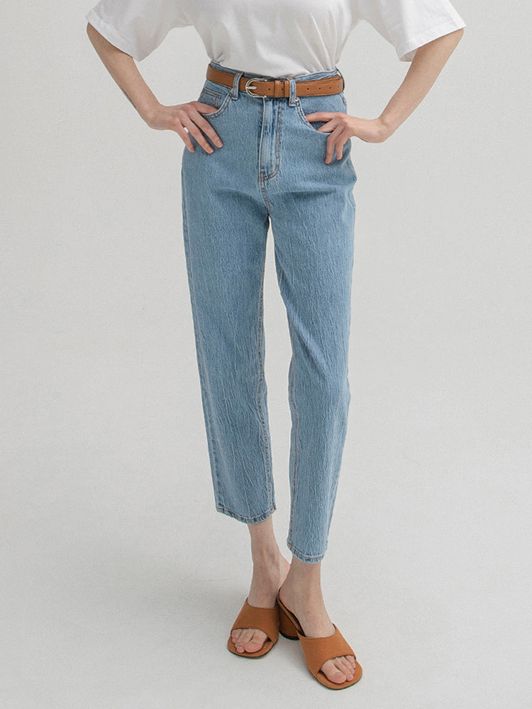 (PT-5330) Eco Rinkle Slim Straight Denim Pants