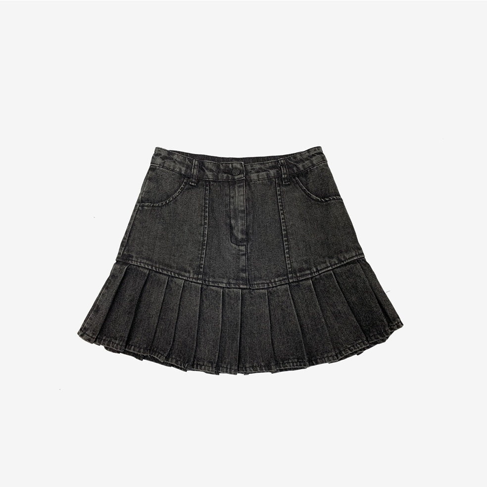 Dark pleated denim skirt