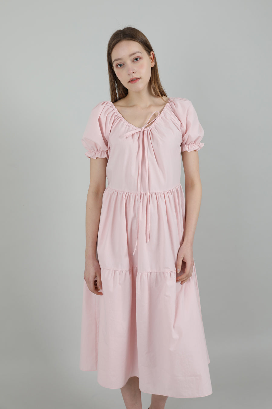 Romantic Shirring Long Onepiece Pink