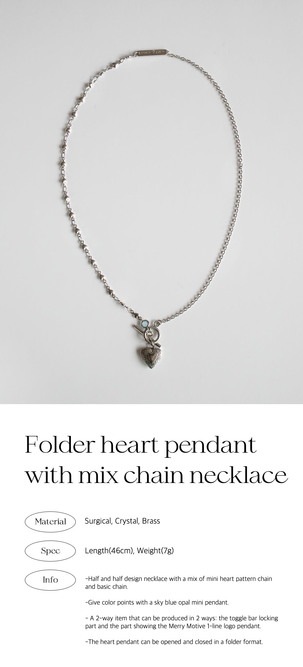 Folder heart pendant with mix chain necklace