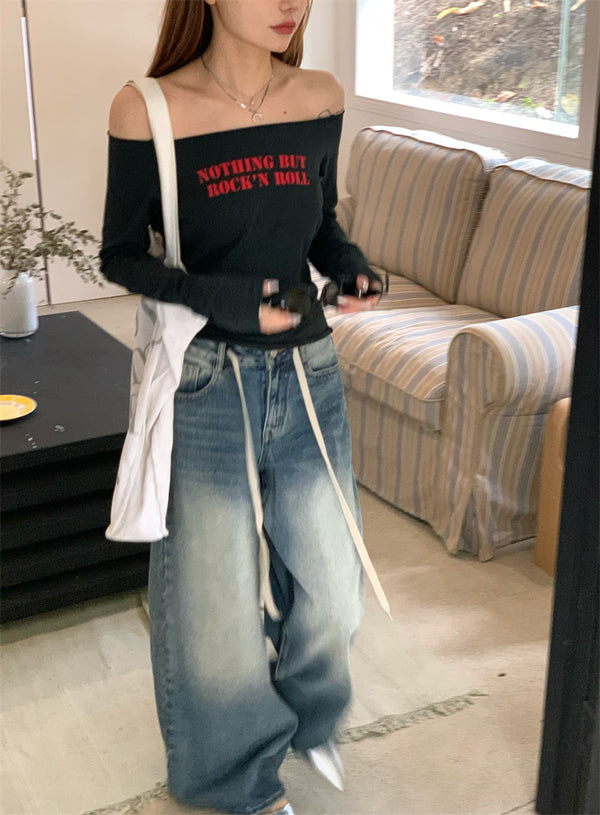 Red lettering off-shoulder tee