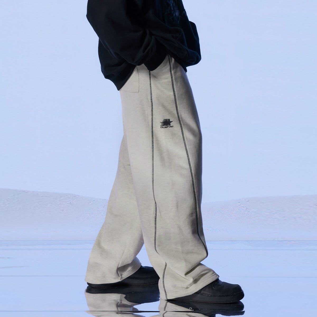 [fleece]Stitched wide sweat pants [Oatmeal]