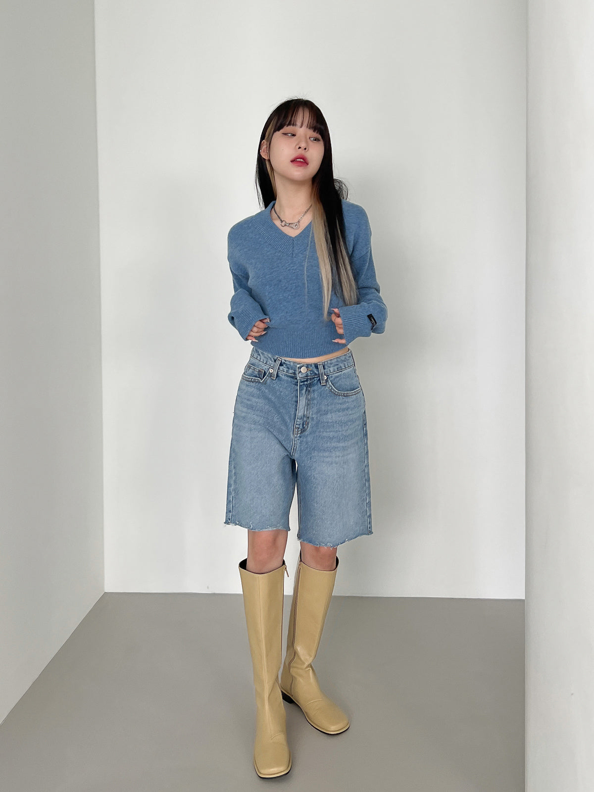 Wool V-neck Crop Knit (10color)