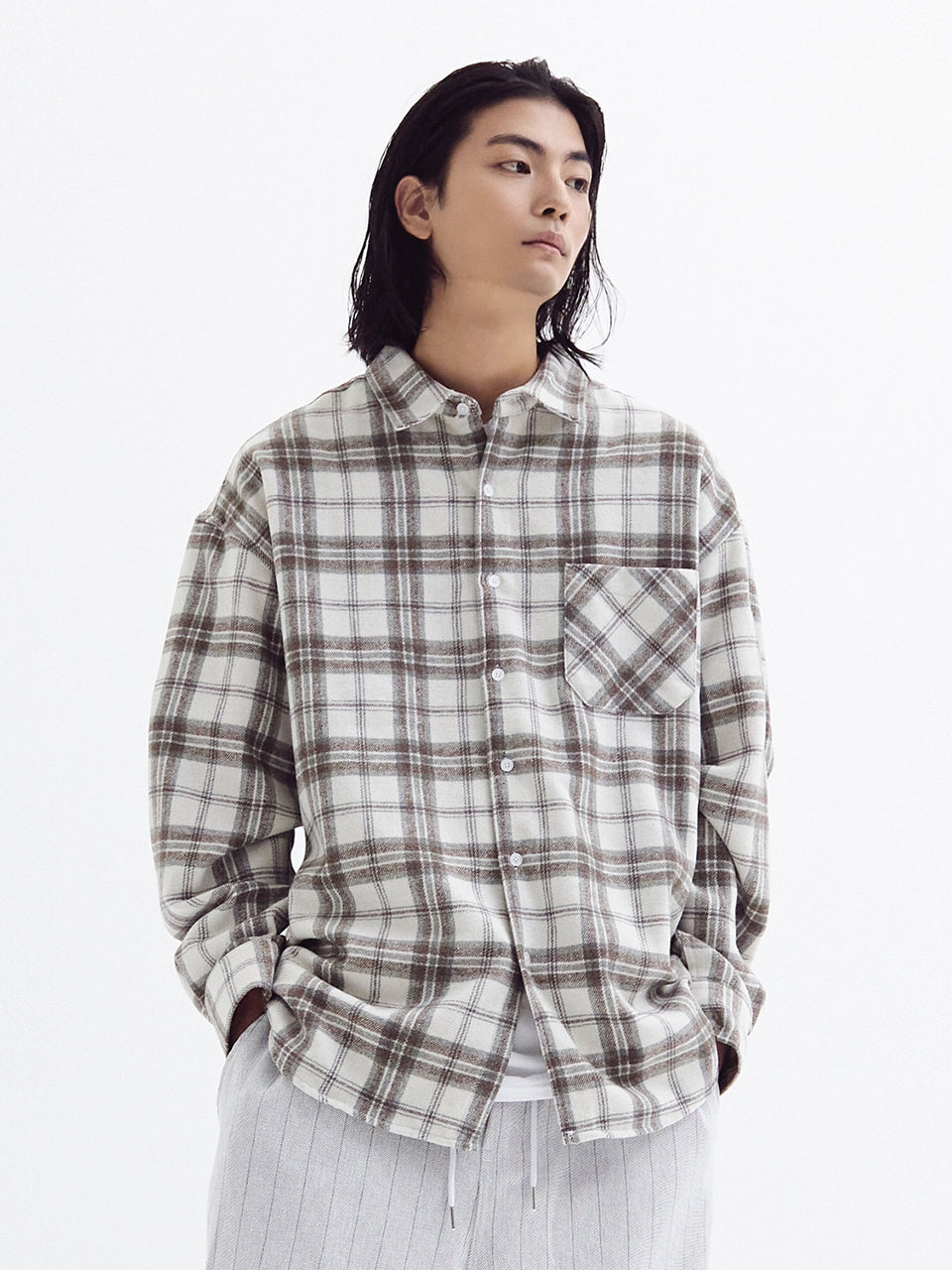 Loose wool check shirts Beige