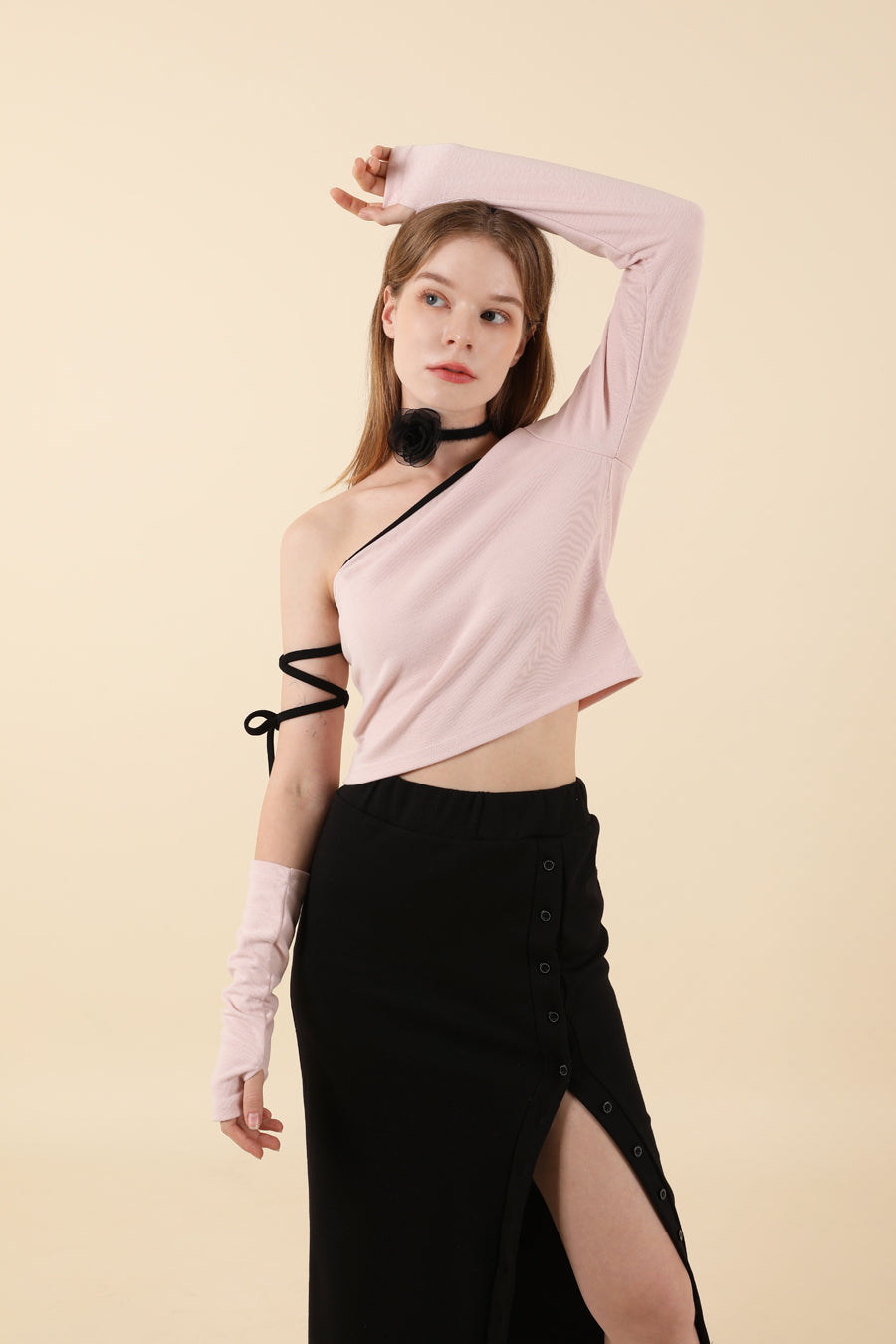 Strap Off Shoulder Warmer T-shirt Pink