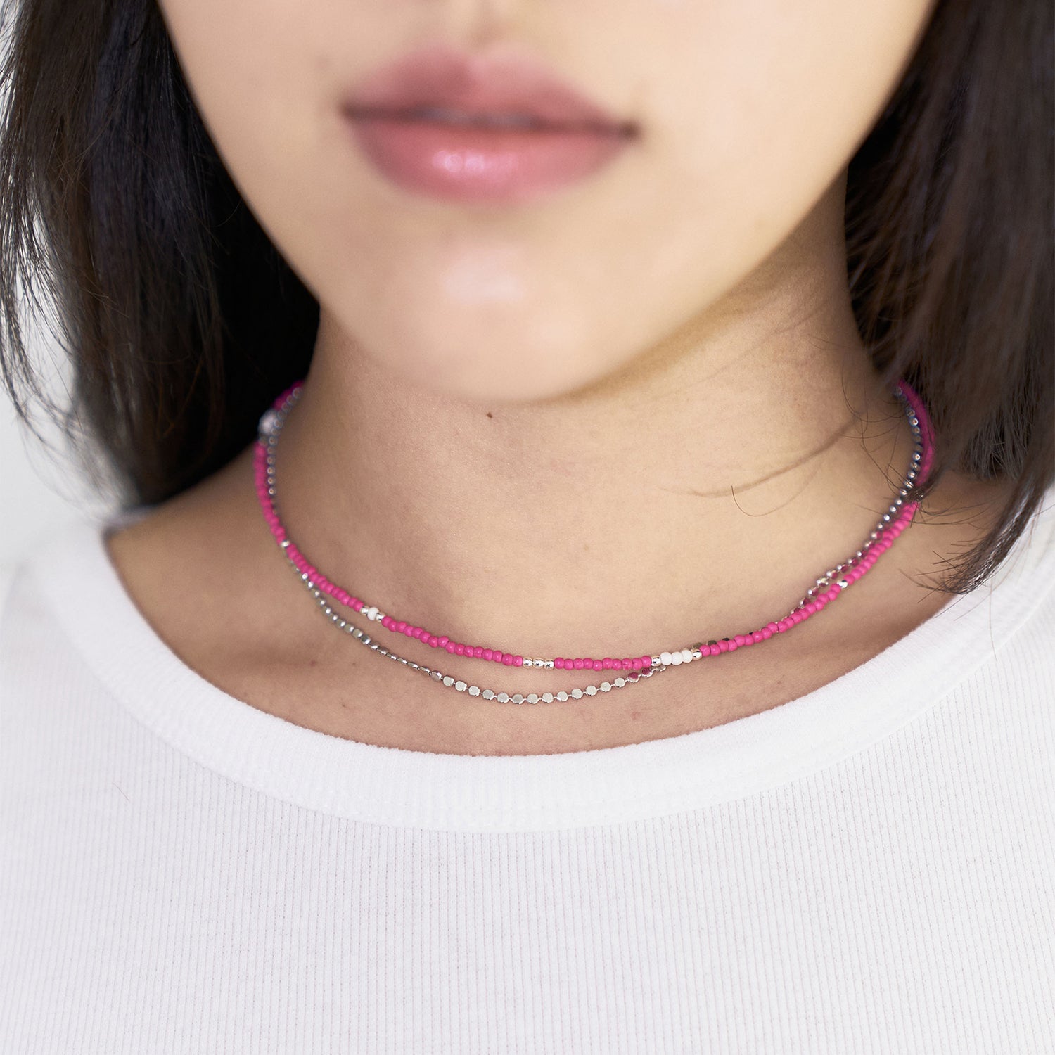 LOVE SKINNY BEADS NECKLACE PINK