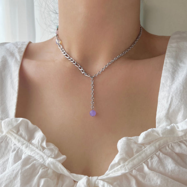 fer Pastel Opal Light Purple Beads Ball Two-Way Drop Necklace