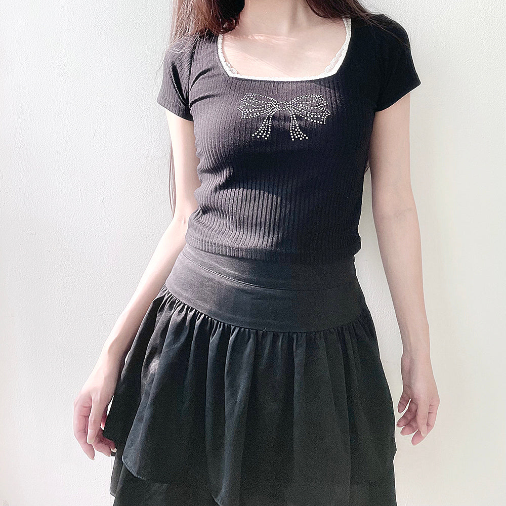 Shine Ribbon Cubic Lace T-Shirt (Black)