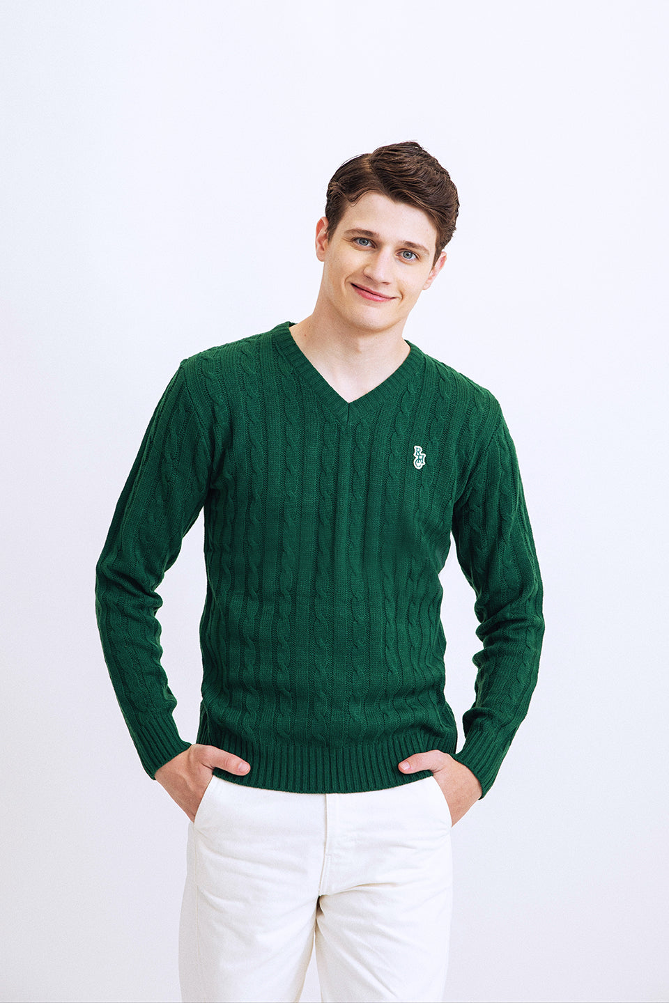 RCH mark v neck cable knit sweater green