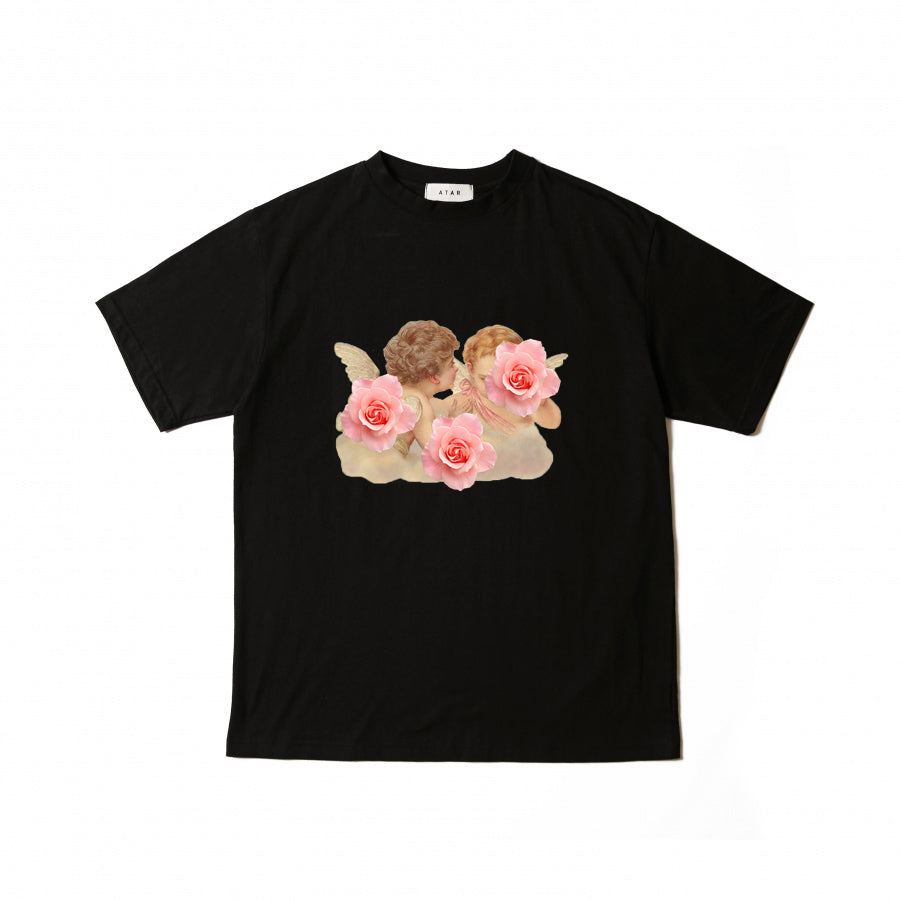 angel print wide short sleeve t-shirt black