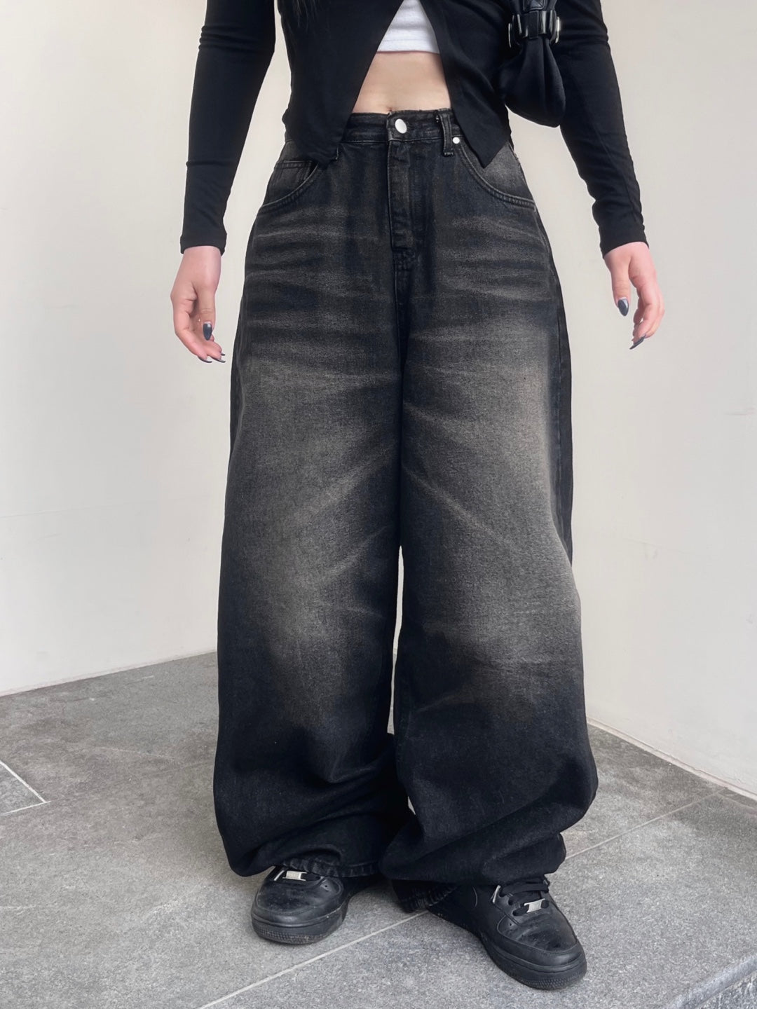 : Washing Detail Wide Fit Black Denim Pants