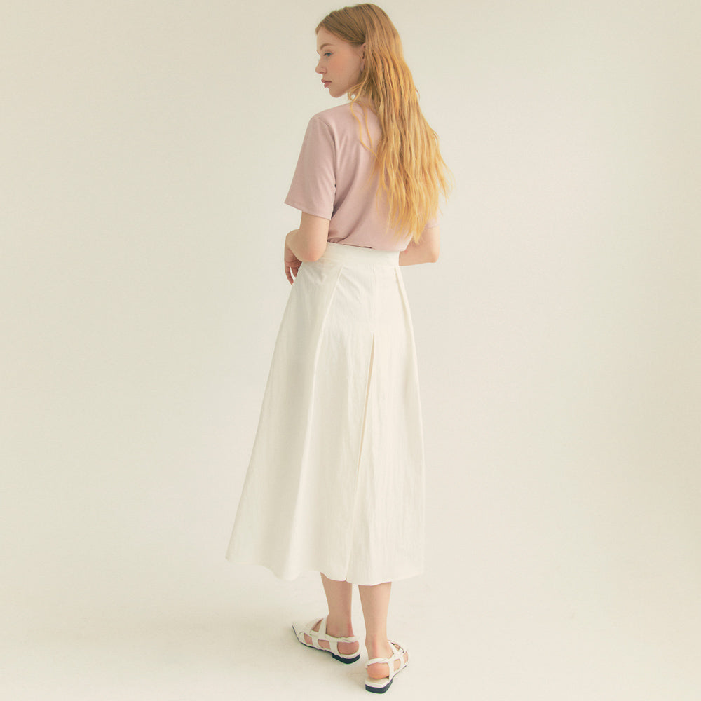 Cotton Pleats A-Line Long Skirt (Ivory)