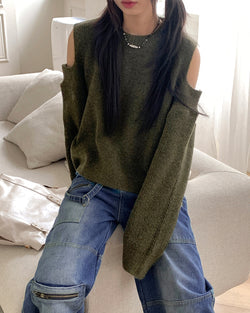 Pler Round-neck  Shoulder Slit Long-Sleeved Knit