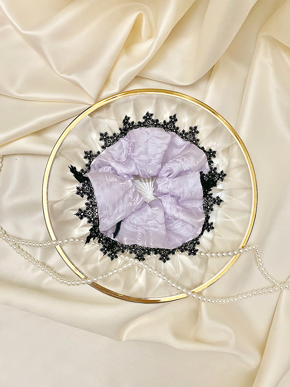 Glossy Organza Lace Satin Hair Scrunchie (M)